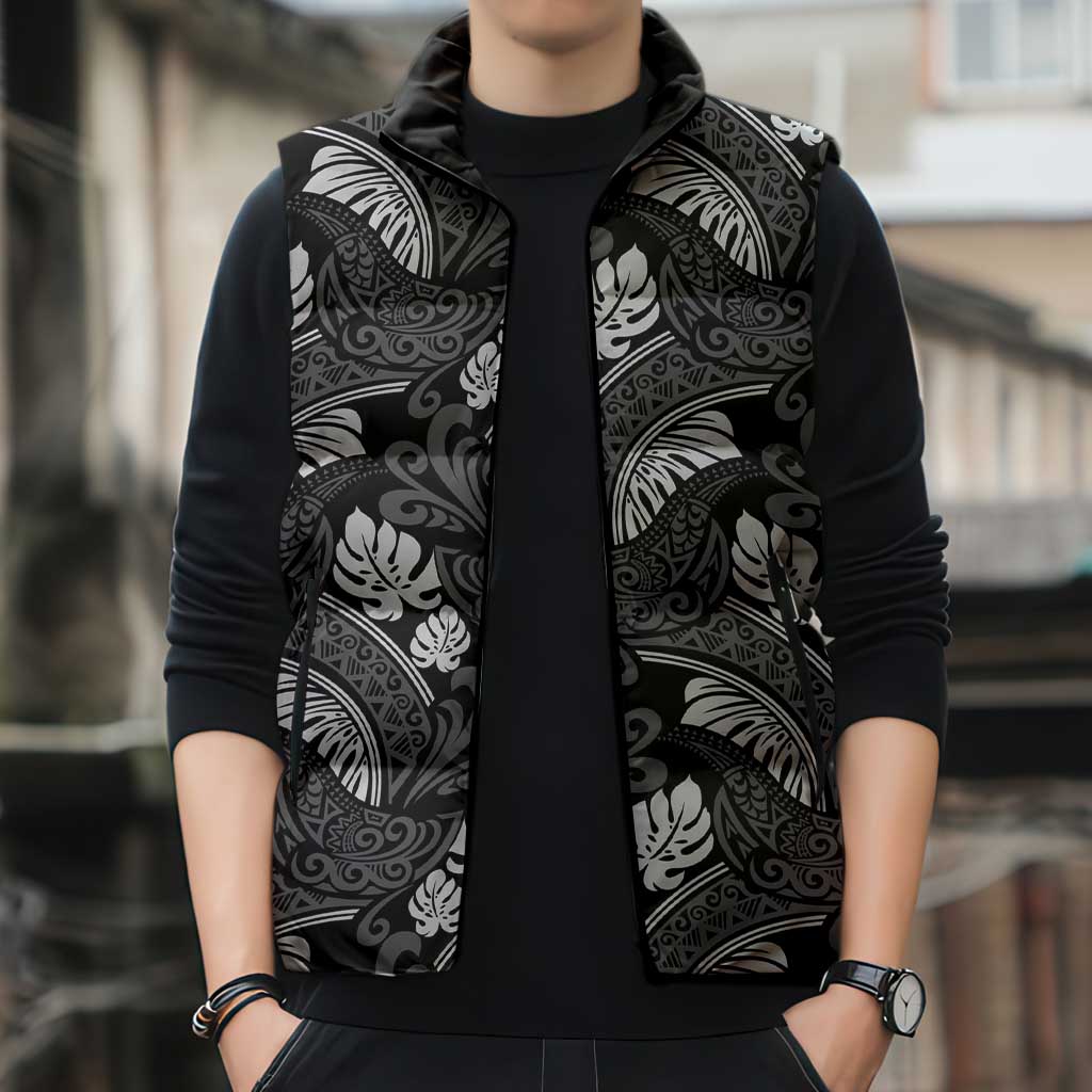 Grayscale Monstera Sleeveless Puffer Jacket Polynesian Tribal Pattern LT01 - Polynesian Pride