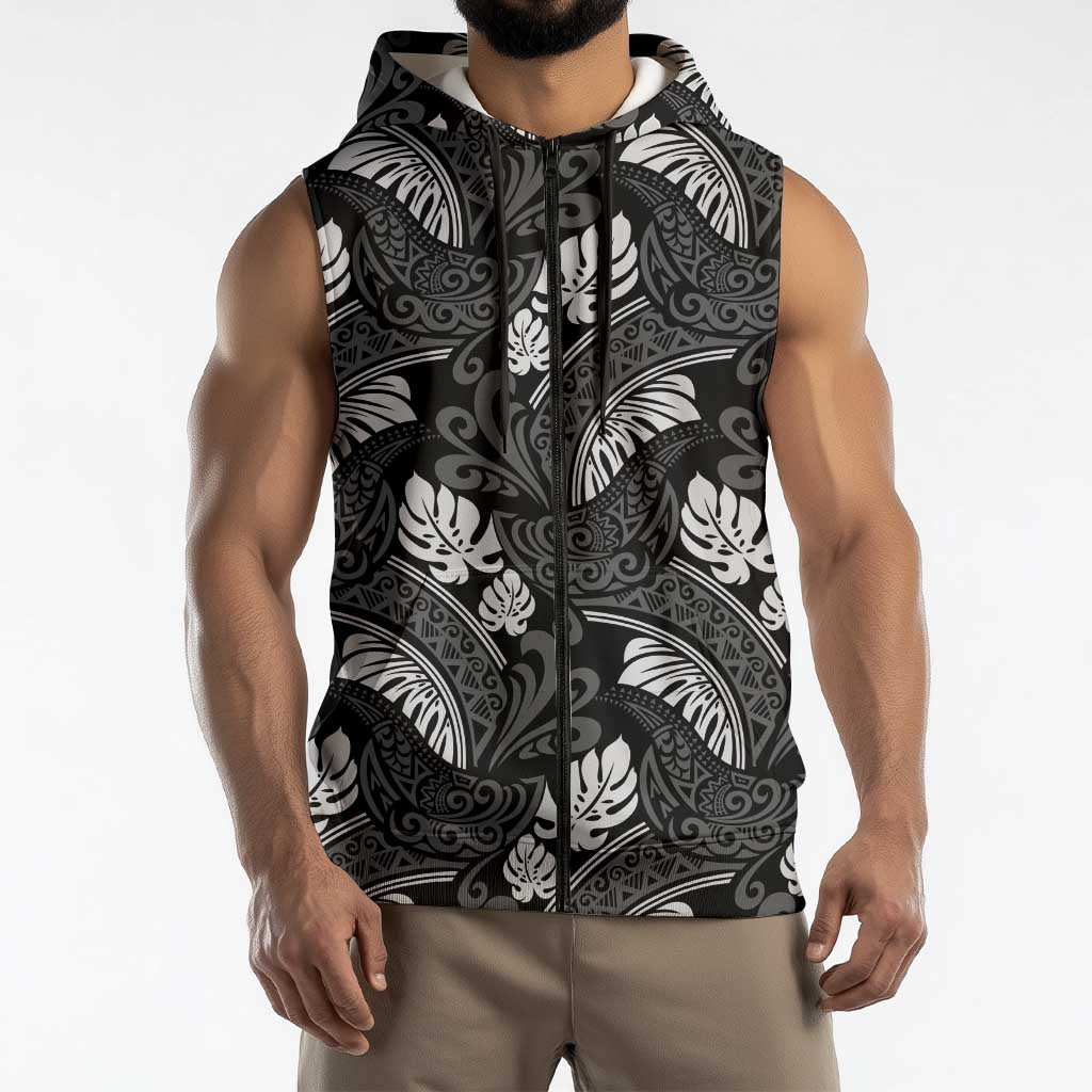 Grayscale Monstera Sleeveless Zip Hoodie Polynesian Tribal Pattern LT01 - Polynesian Pride