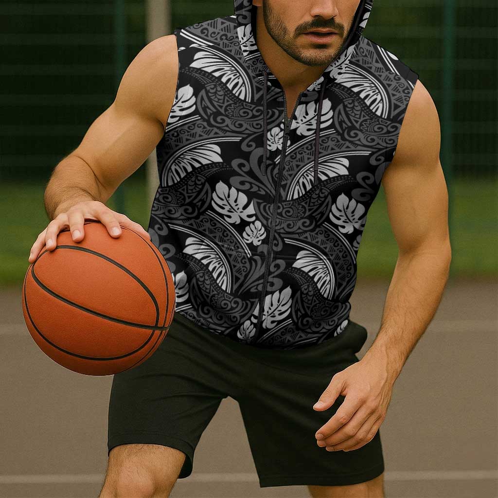 Grayscale Monstera Sleeveless Zip Hoodie Polynesian Tribal Pattern LT01 - Polynesian Pride