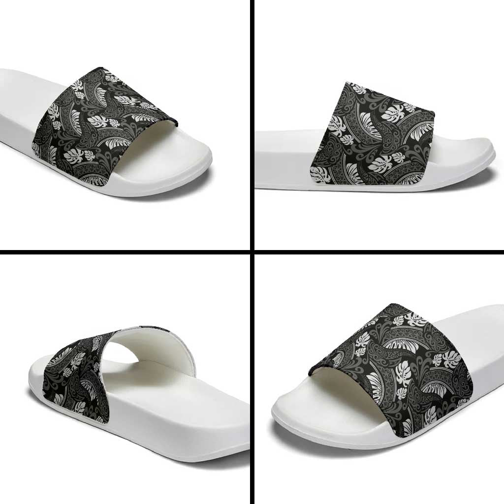 Grayscale Monstera Slide Sandals Polynesian Tribal Pattern - Polynesian Pride