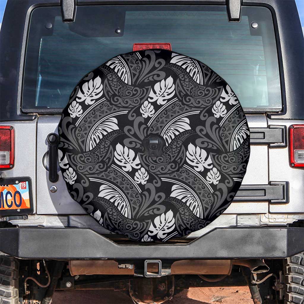 Grayscale Monstera Spare Tire Cover Polynesian Tribal Pattern - Polynesian Pride