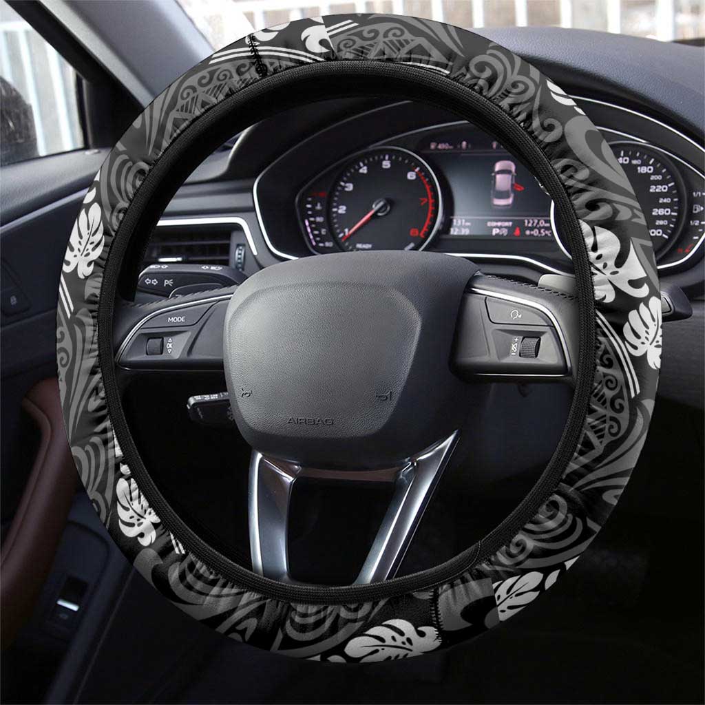 Grayscale Monstera Steering Wheel Cover Polynesian Tribal Pattern LT01 - Polynesian Pride