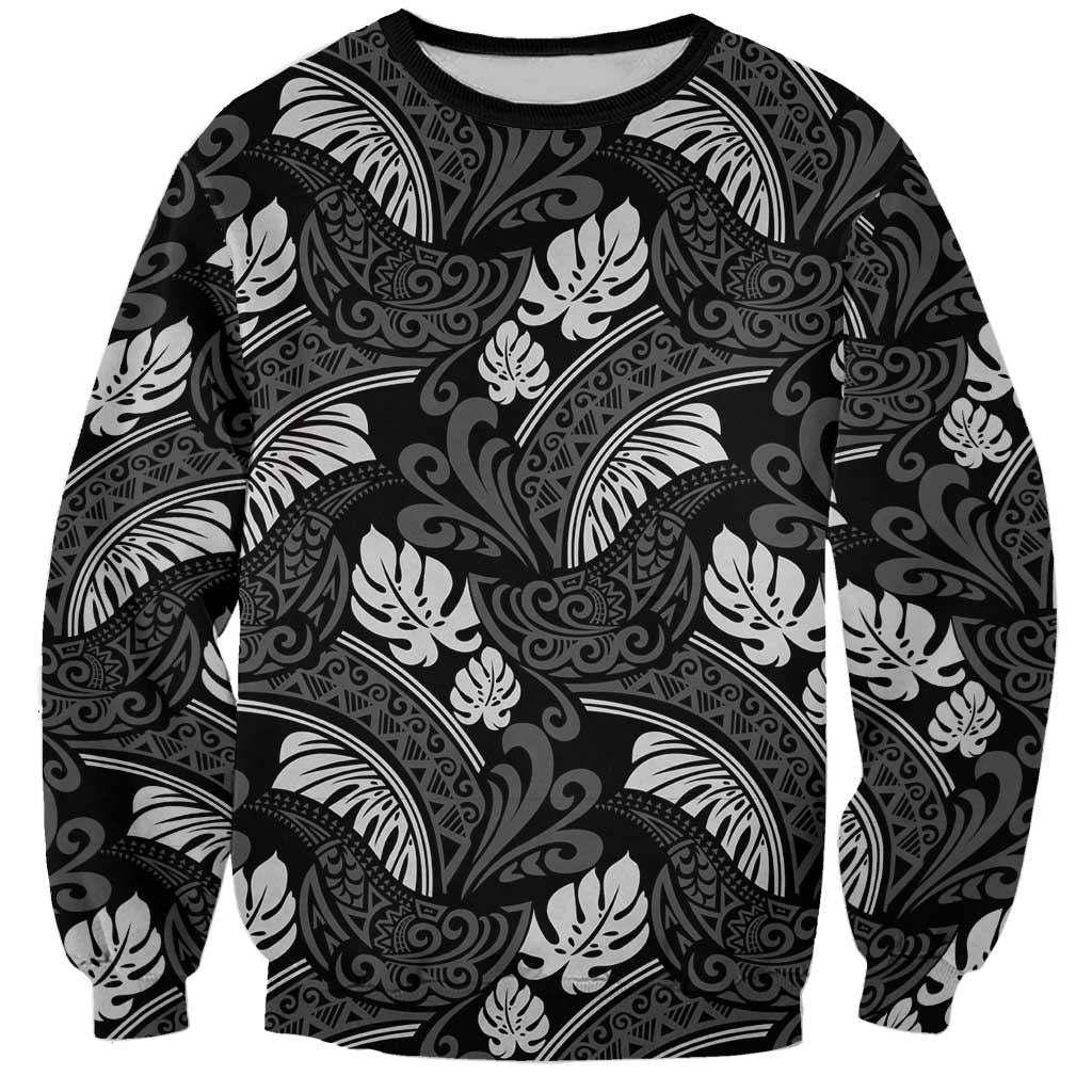 Grayscale Monstera Sweatshirt Polynesian Tribal Pattern LT01 Unisex Black - Polynesian Pride