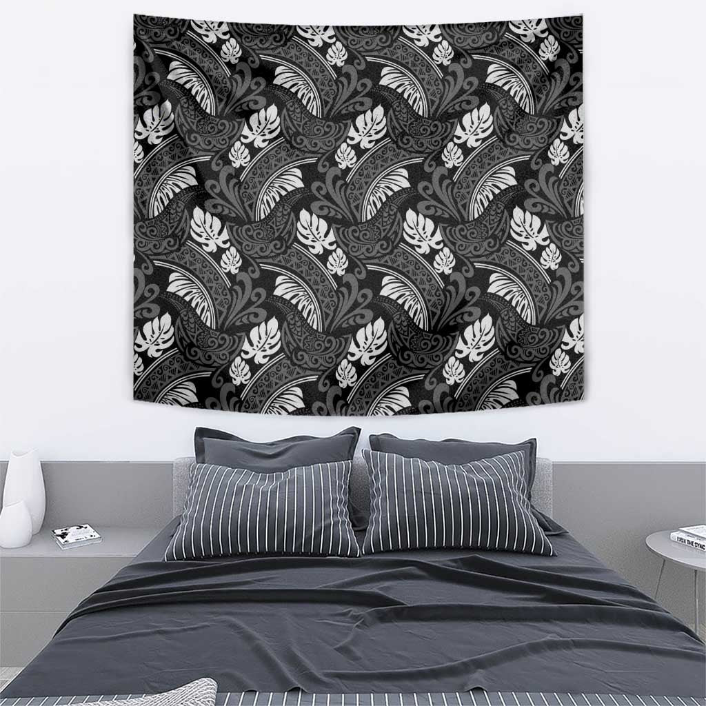Grayscale Monstera Tapestry Polynesian Tribal Pattern - Polynesian Pride