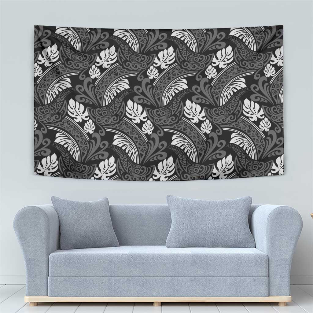 Grayscale Monstera Tapestry Polynesian Tribal Pattern - Polynesian Pride