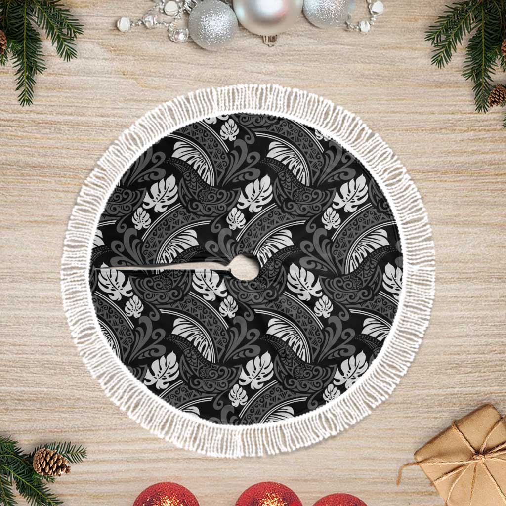 Grayscale Monstera Tree Skirt Polynesian Tribal Pattern LT01 Fringed Black - Polynesian Pride