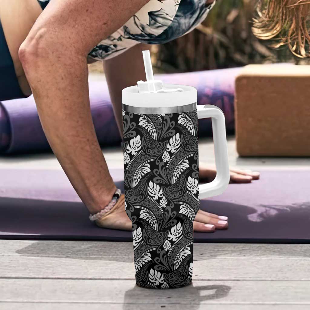 Grayscale Monstera Tumbler With Handle Polynesian Tribal Pattern - Polynesian Pride