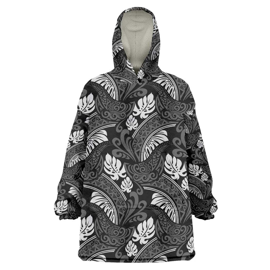 Grayscale Monstera Wearable Blanket Hoodie Polynesian Tribal Pattern LT01 One Size Black - Polynesian Pride