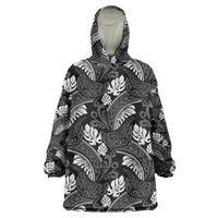 Grayscale Monstera Wearable Blanket Hoodie Polynesian Tribal Pattern LT01 One Size Black - Polynesian Pride