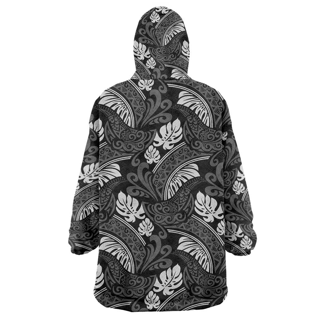 Grayscale Monstera Wearable Blanket Hoodie Polynesian Tribal Pattern LT01 - Polynesian Pride