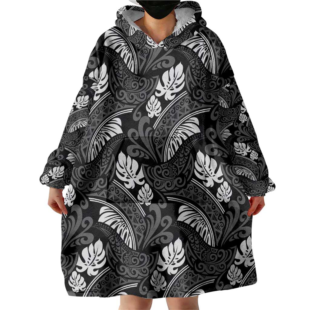 Grayscale Monstera Wearable Blanket Hoodie Polynesian Tribal Pattern LT01 - Polynesian Pride