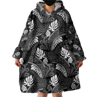 Grayscale Monstera Wearable Blanket Hoodie Polynesian Tribal Pattern LT01 - Polynesian Pride