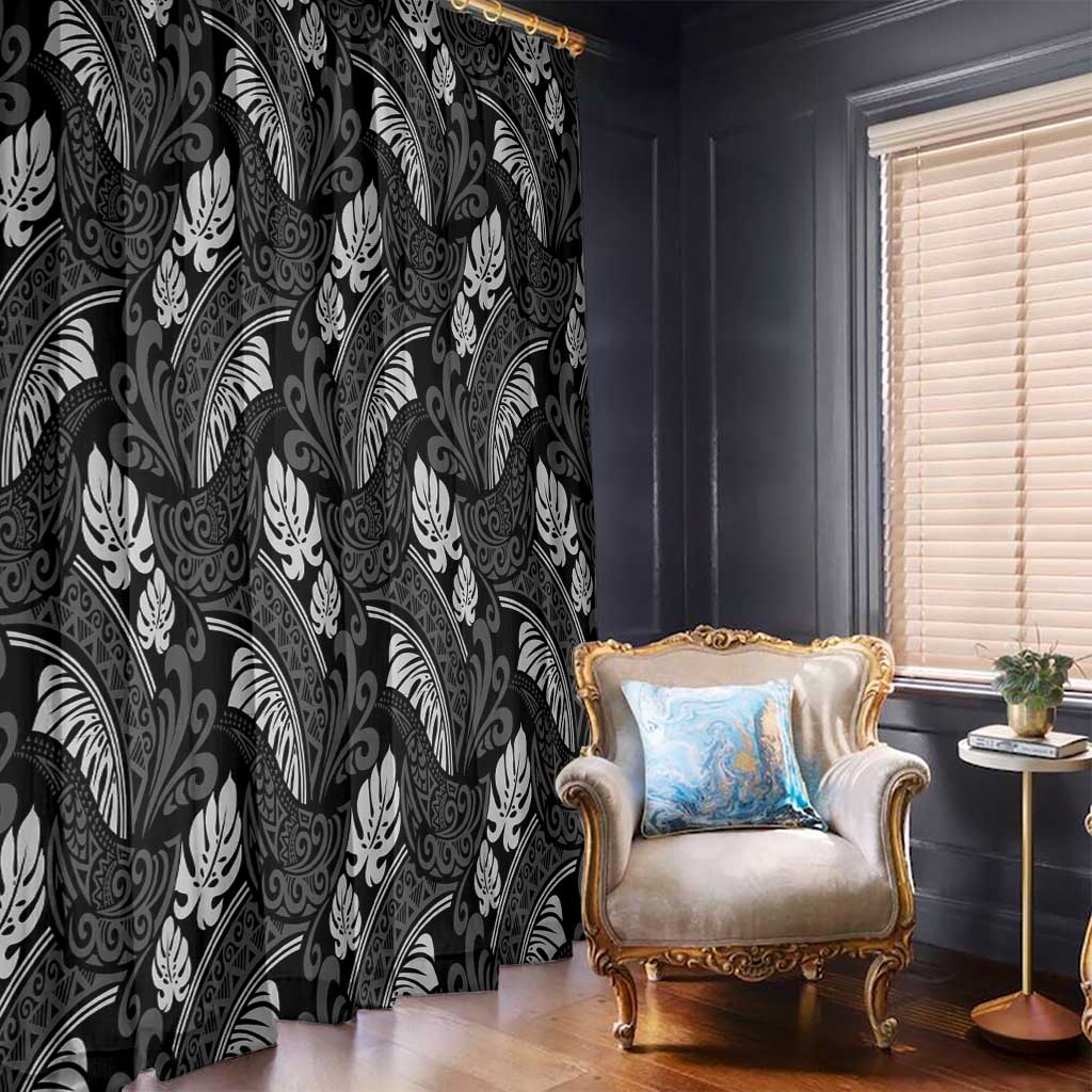 Grayscale Monstera Window Curtain Polynesian Tribal Pattern - Polynesian Pride