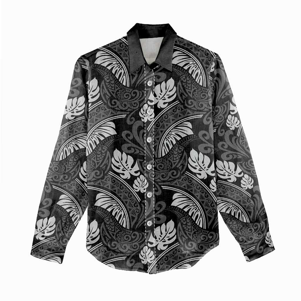 Grayscale Monstera Women Casual Shirt Polynesian Tribal Pattern - Polynesian Pride