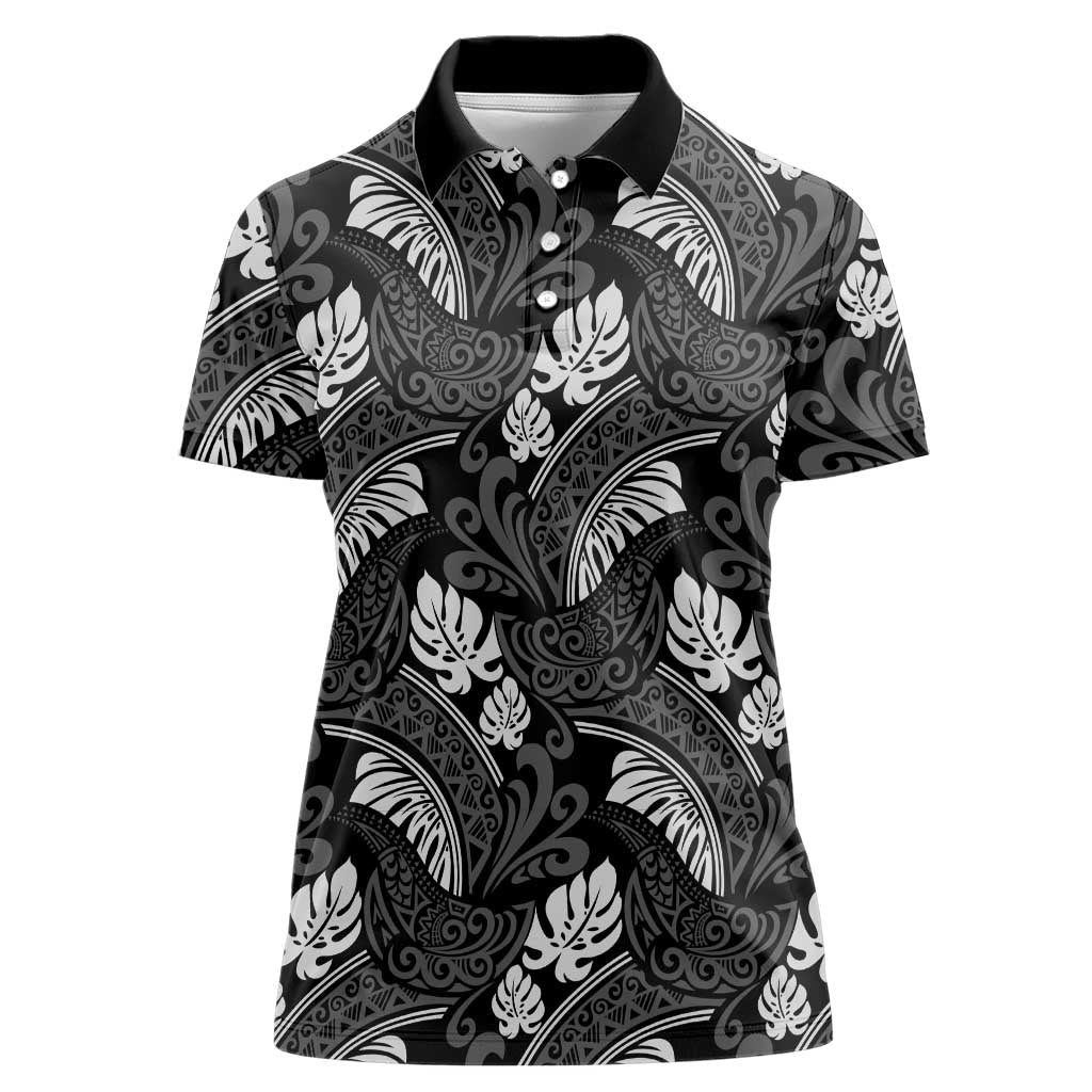 Grayscale Monstera Women Polo Shirt Polynesian Tribal Pattern LT01 Female Black - Polynesian Pride