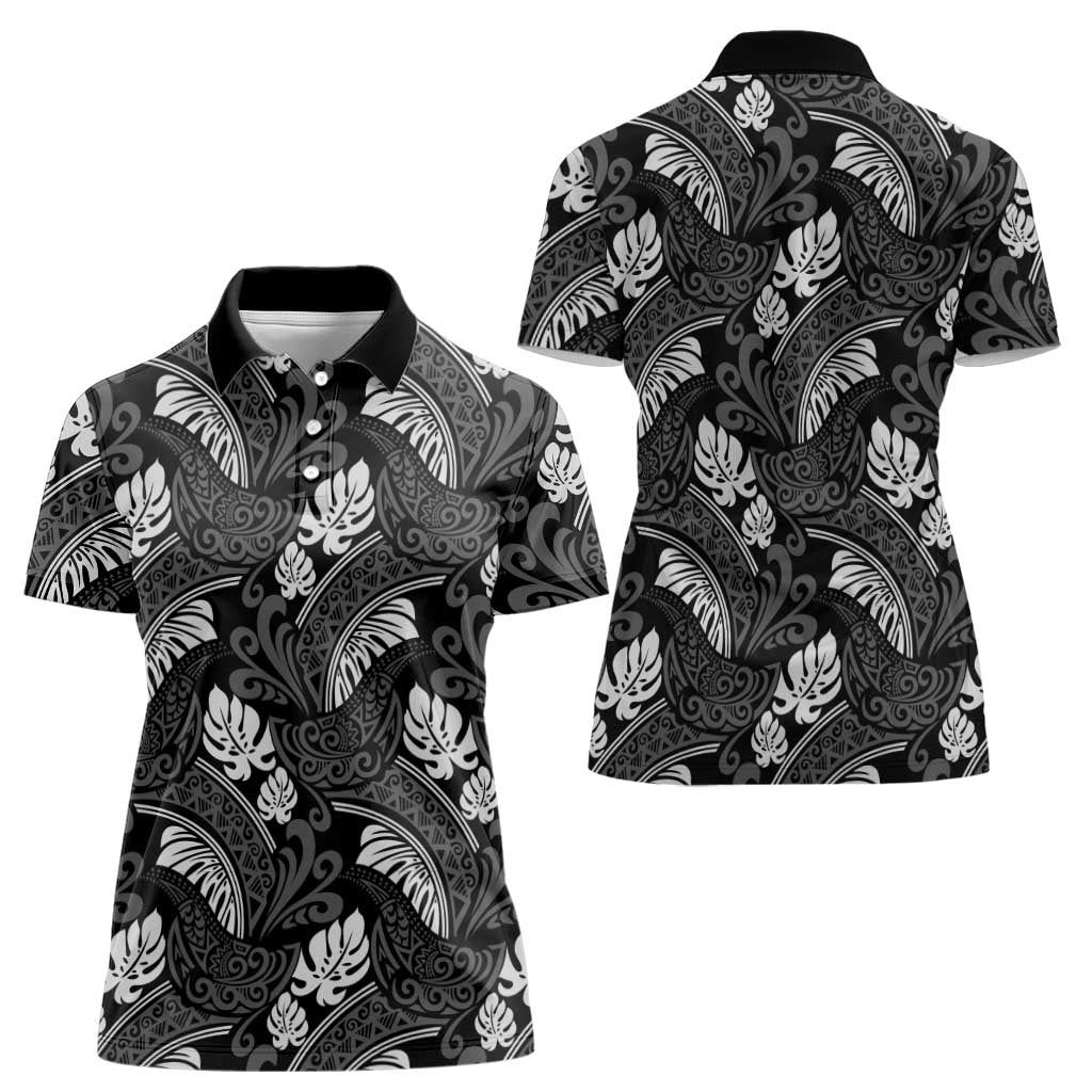 Grayscale Monstera Women Polo Shirt Polynesian Tribal Pattern LT01 - Polynesian Pride