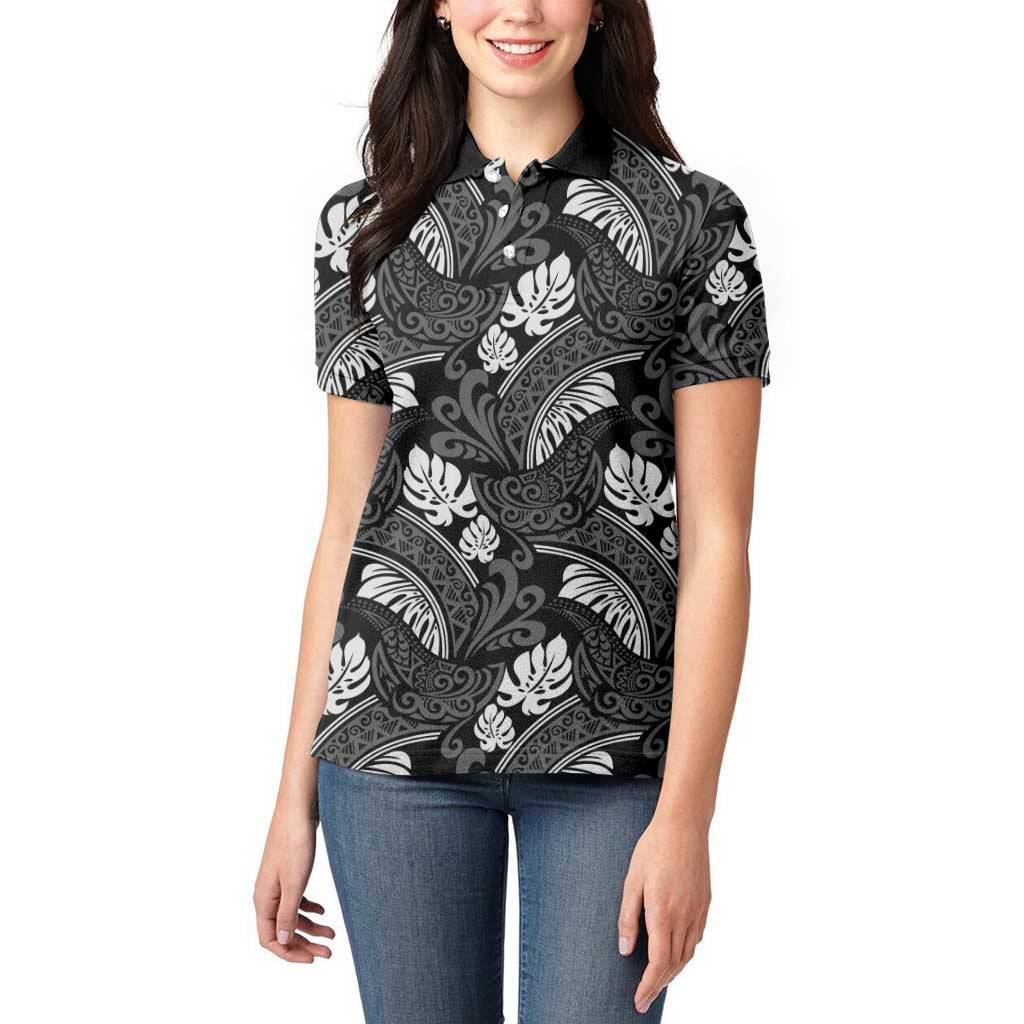 Grayscale Monstera Women Polo Shirt Polynesian Tribal Pattern LT01 - Polynesian Pride
