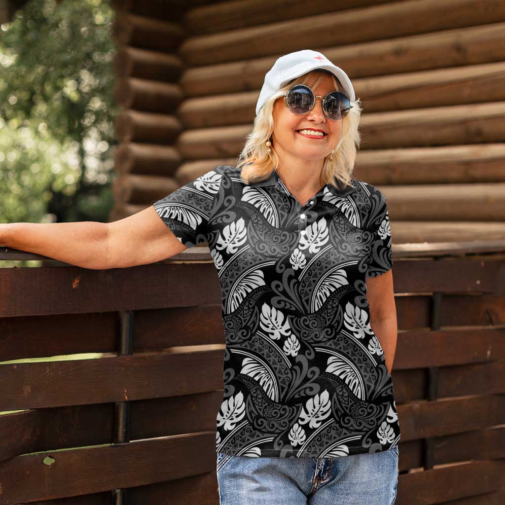 Grayscale Monstera Women Polo Shirt Polynesian Tribal Pattern LT01 - Polynesian Pride