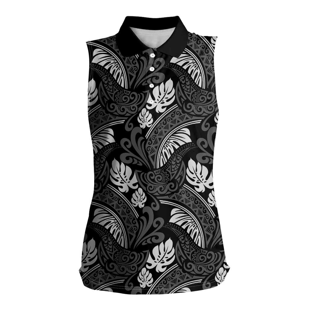 Grayscale Monstera Women Sleeveless Polo Shirt Polynesian Tribal Pattern LT01 Female Black - Polynesian Pride