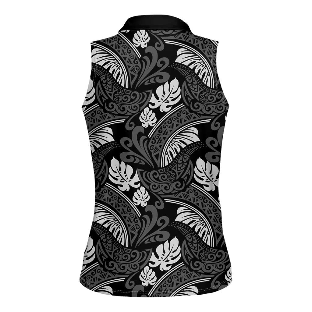 Grayscale Monstera Women Sleeveless Polo Shirt Polynesian Tribal Pattern LT01 - Polynesian Pride