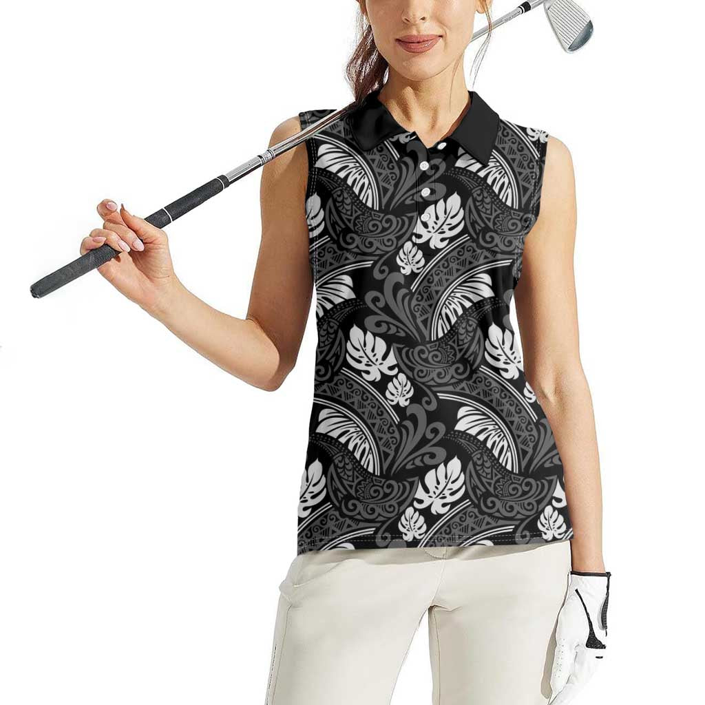 Grayscale Monstera Women Sleeveless Polo Shirt Polynesian Tribal Pattern LT01 - Polynesian Pride