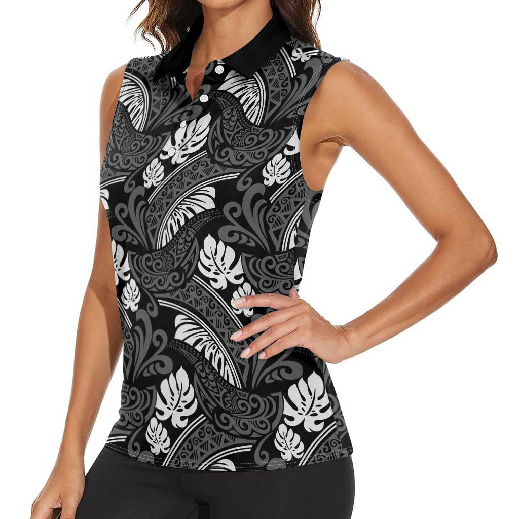 Grayscale Monstera Women Sleeveless Polo Shirt Polynesian Tribal Pattern LT01 - Polynesian Pride