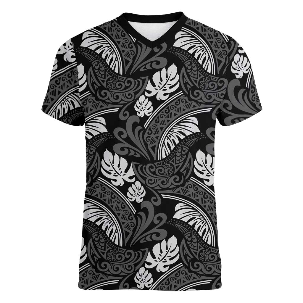 Grayscale Monstera Women V-Neck T-Shirt Polynesian Tribal Pattern LT01 Female Black - Polynesian Pride