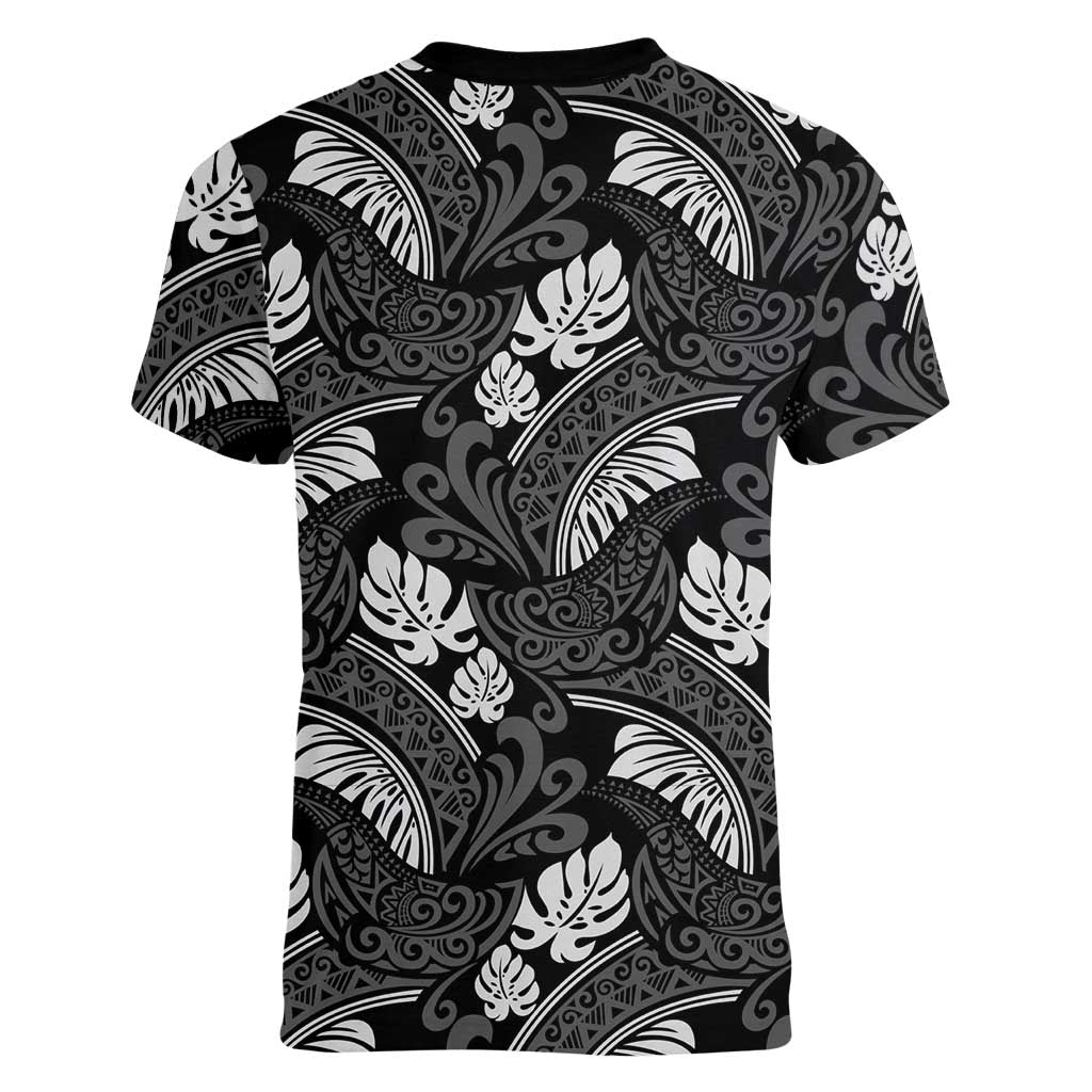 Grayscale Monstera Women V-Neck T-Shirt Polynesian Tribal Pattern LT01 - Polynesian Pride