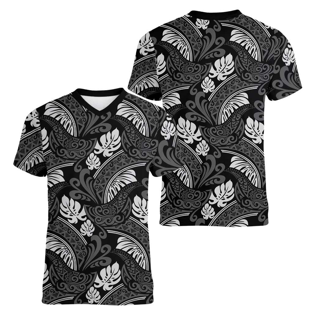 Grayscale Monstera Women V-Neck T-Shirt Polynesian Tribal Pattern LT01 - Polynesian Pride
