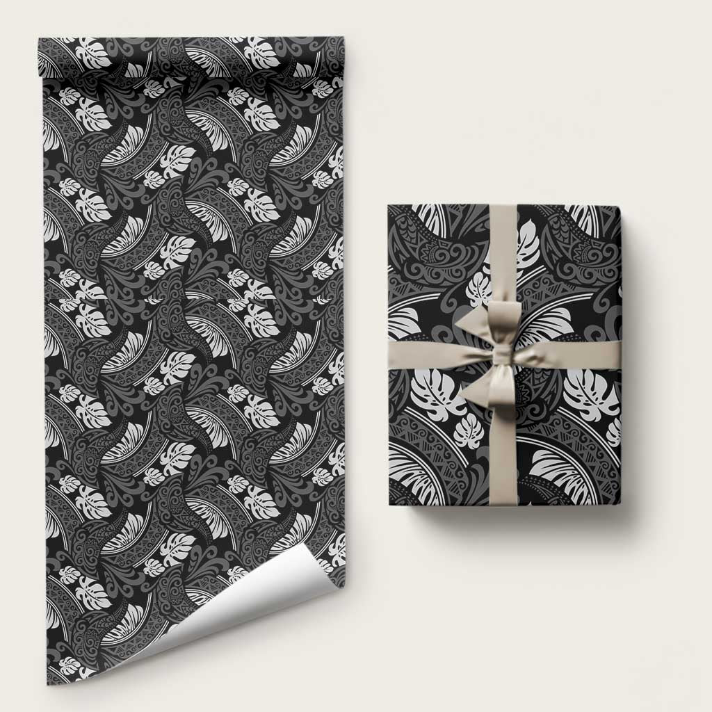 Grayscale Monstera Wrapping Paper Polynesian Tribal Pattern LT01 58" × 23" Black - Polynesian Pride