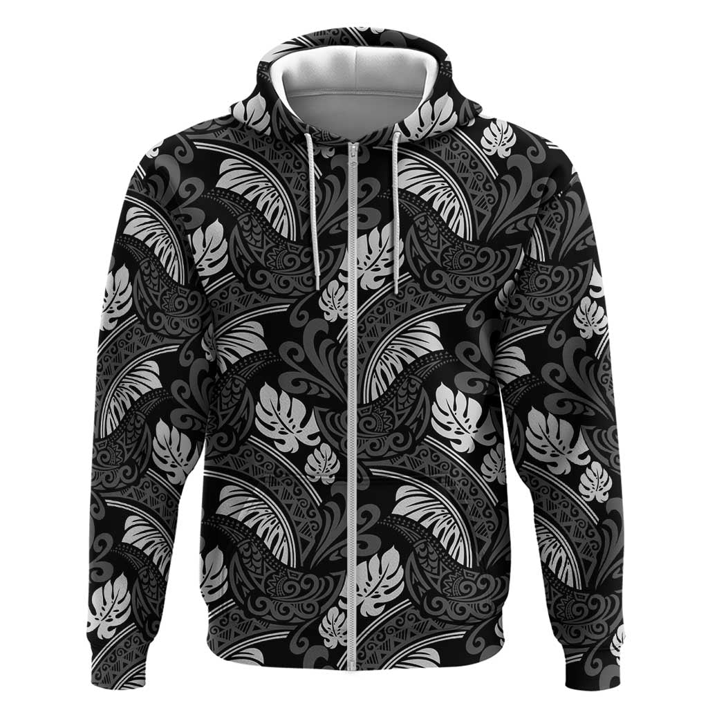 Grayscale Monstera Zip Hoodie Polynesian Tribal Pattern LT01 Zip Hoodie Black - Polynesian Pride