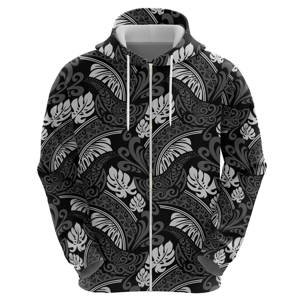 Grayscale Monstera Zip Hoodie Polynesian Tribal Pattern LT01 - Polynesian Pride