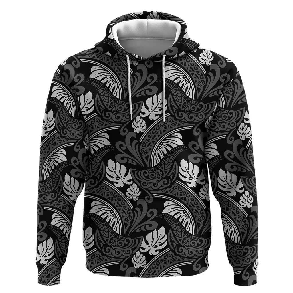 Grayscale Monstera Zip Hoodie Polynesian Tribal Pattern LT01 Pullover Hoodie Black - Polynesian Pride