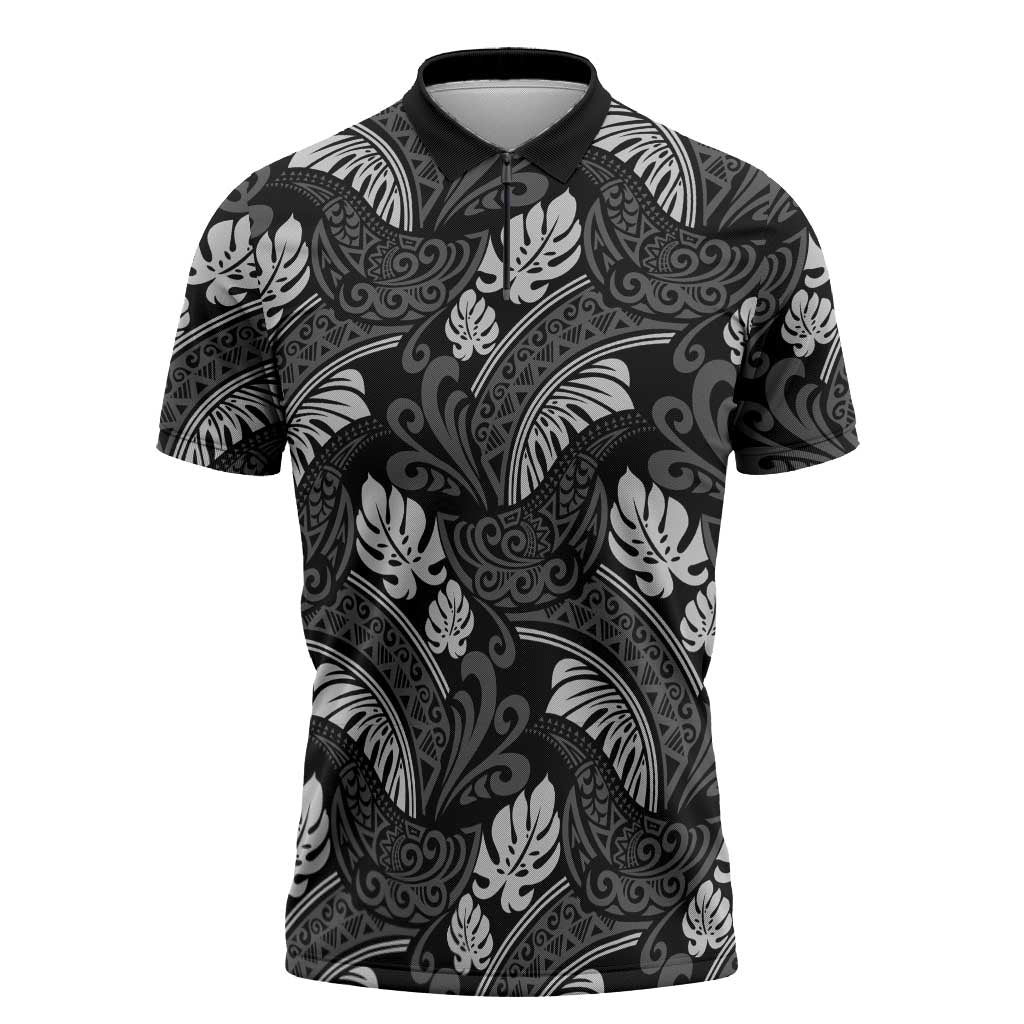 Grayscale Monstera Zipper Polo Shirt Polynesian Tribal Pattern LT01 Black - Polynesian Pride