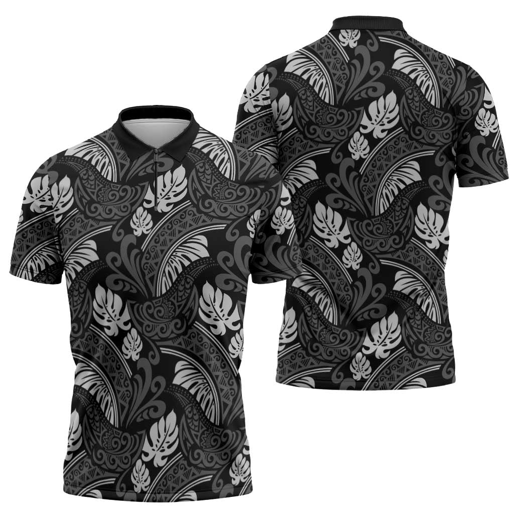 Grayscale Monstera Zipper Polo Shirt Polynesian Tribal Pattern LT01 - Polynesian Pride