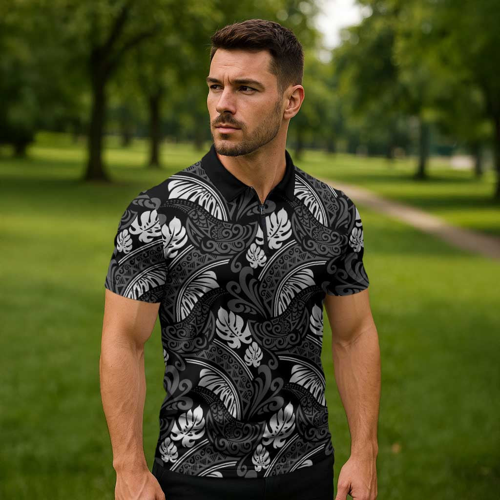 Grayscale Monstera Zipper Polo Shirt Polynesian Tribal Pattern LT01 - Polynesian Pride