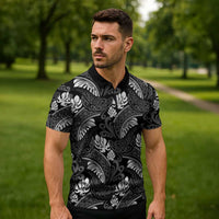 Grayscale Monstera Zipper Polo Shirt Polynesian Tribal Pattern LT01 - Polynesian Pride