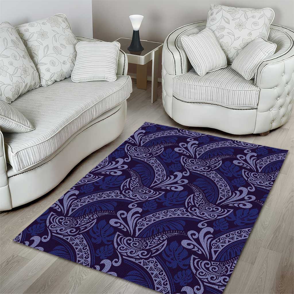 Deep Blue Monstera Area Rug Polynesian Tribal Pattern - Polynesian Pride