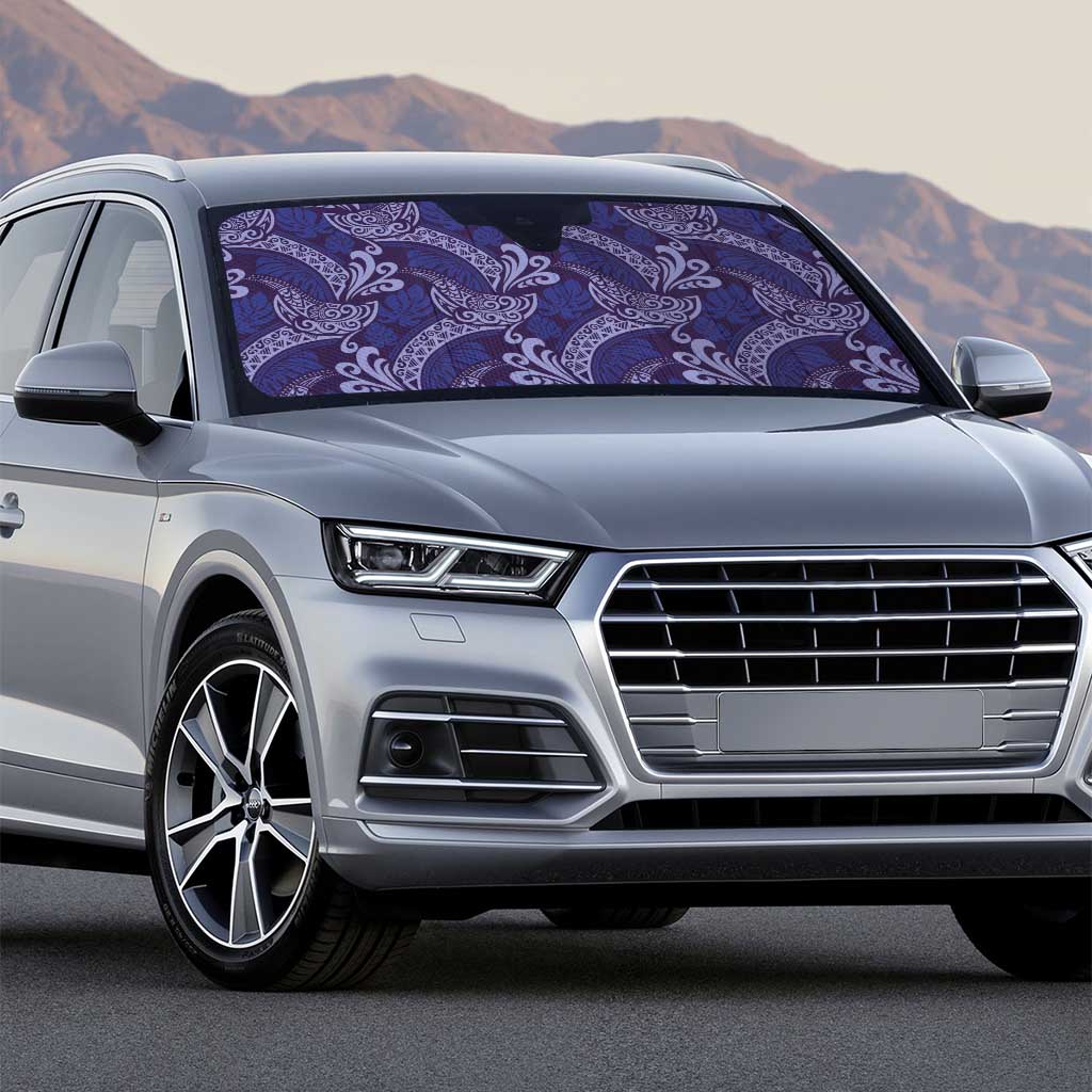 Deep Blue Monstera Auto Sun Shade Polynesian Tribal Pattern - Polynesian Pride