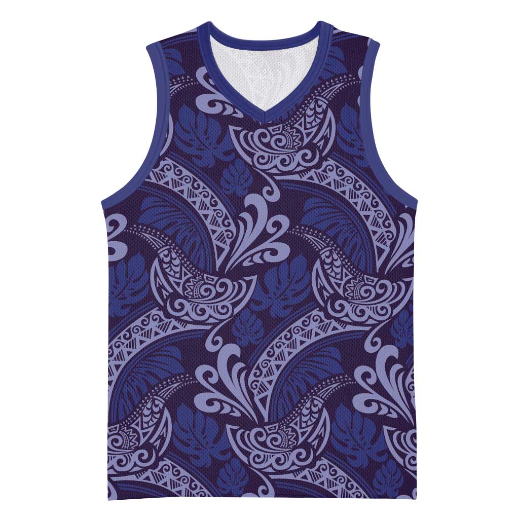 Deep Blue Monstera Basketball Jersey Polynesian Tribal Pattern LT01 Unisex Blue - Polynesian Pride