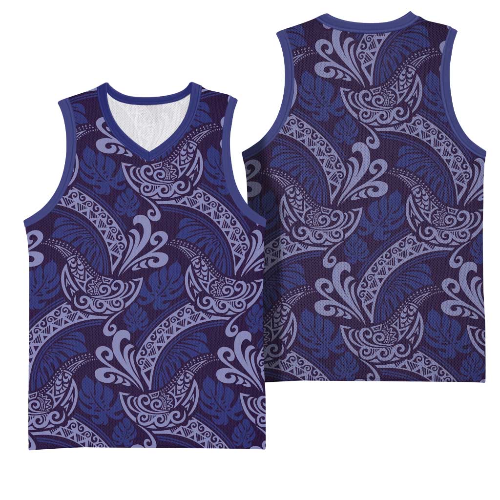 Deep Blue Monstera Basketball Jersey Polynesian Tribal Pattern LT01 - Polynesian Pride