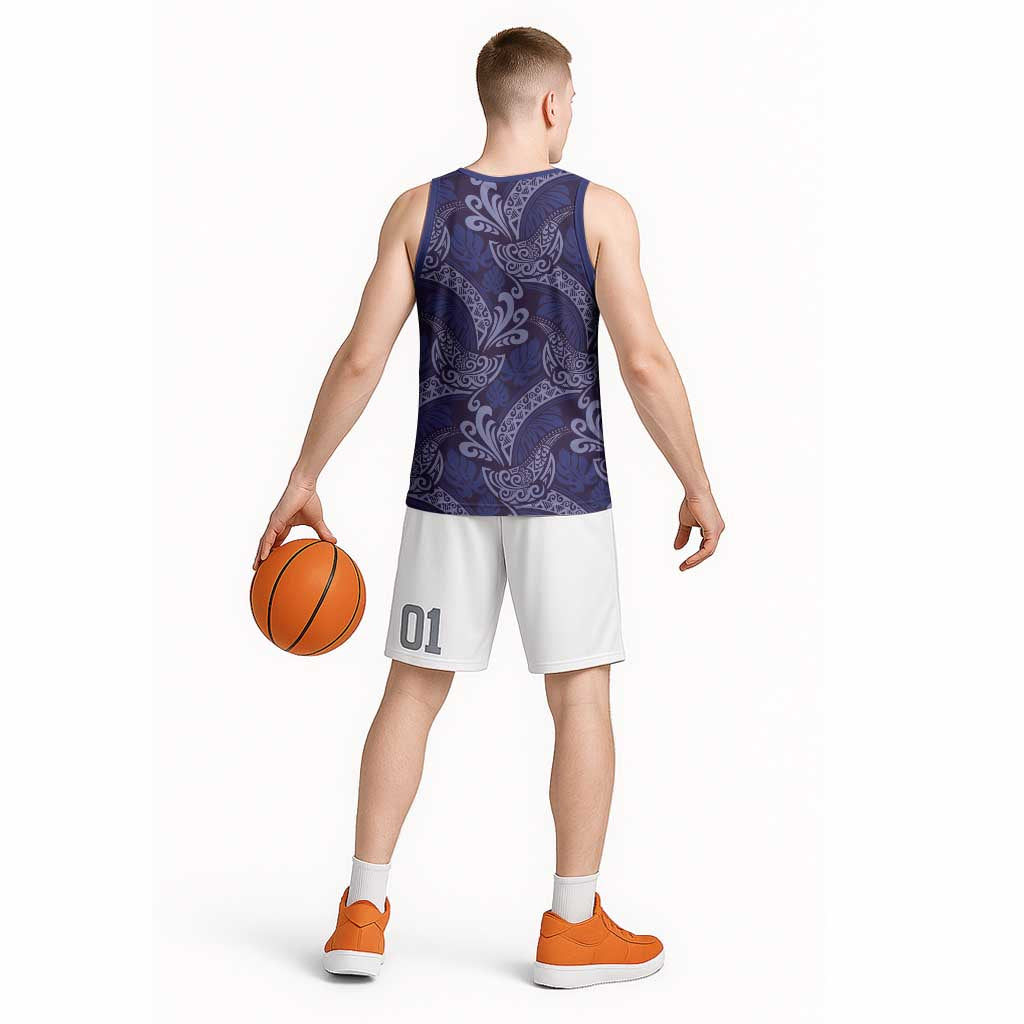 Deep Blue Monstera Basketball Jersey Polynesian Tribal Pattern LT01 - Polynesian Pride