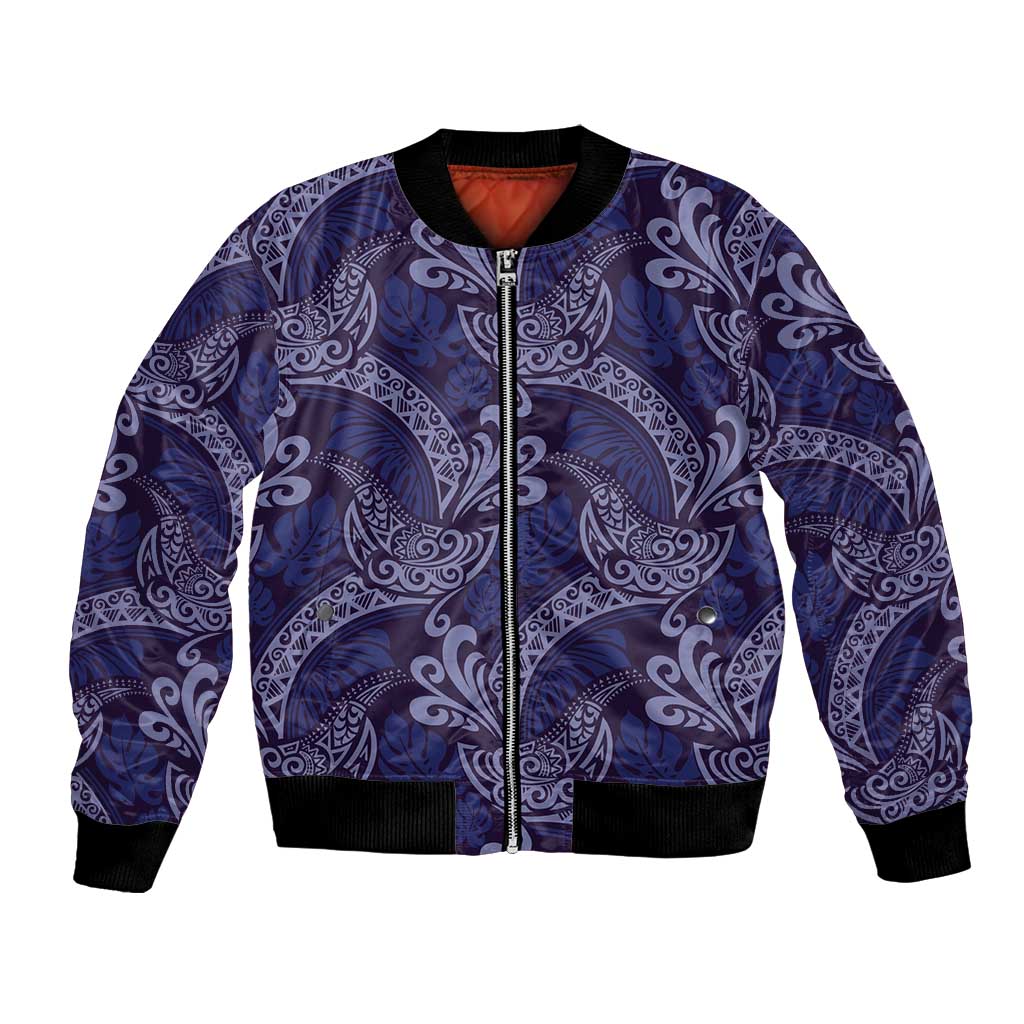 Deep Blue Monstera Bomber Jacket Polynesian Tribal Pattern - Polynesian Pride