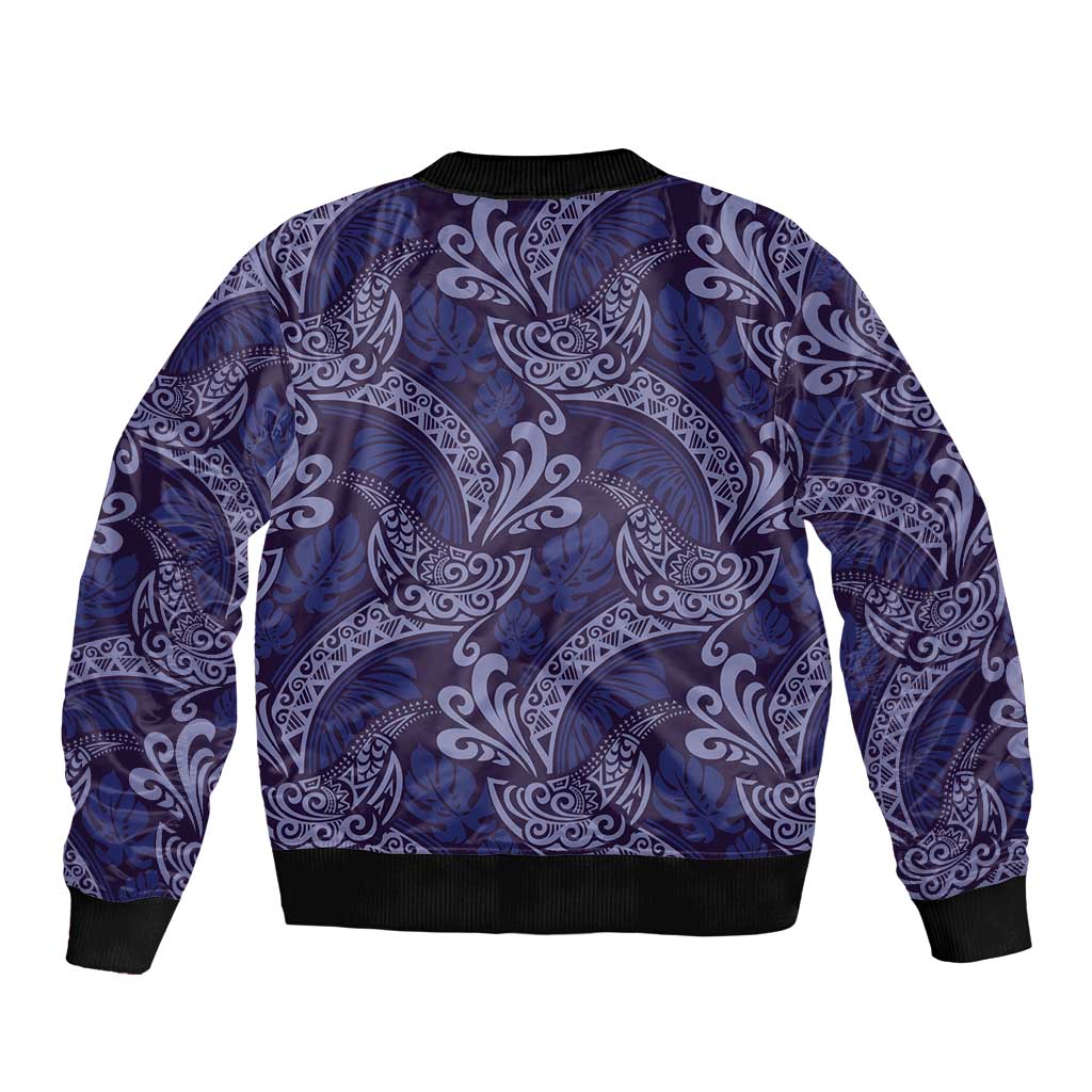 Deep Blue Monstera Bomber Jacket Polynesian Tribal Pattern - Polynesian Pride