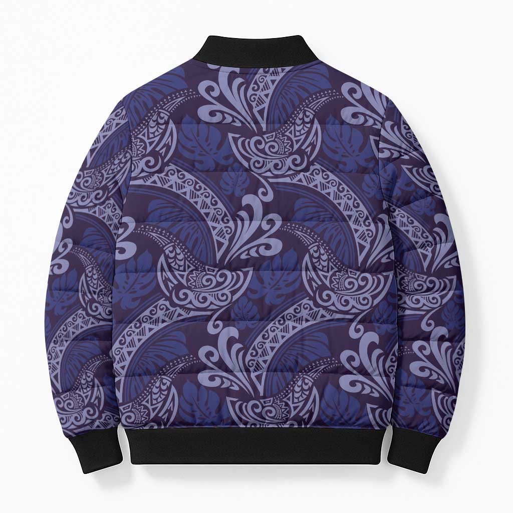 Deep Blue Monstera Bomber Puffer Jacket Polynesian Tribal Pattern LT01 - Polynesian Pride
