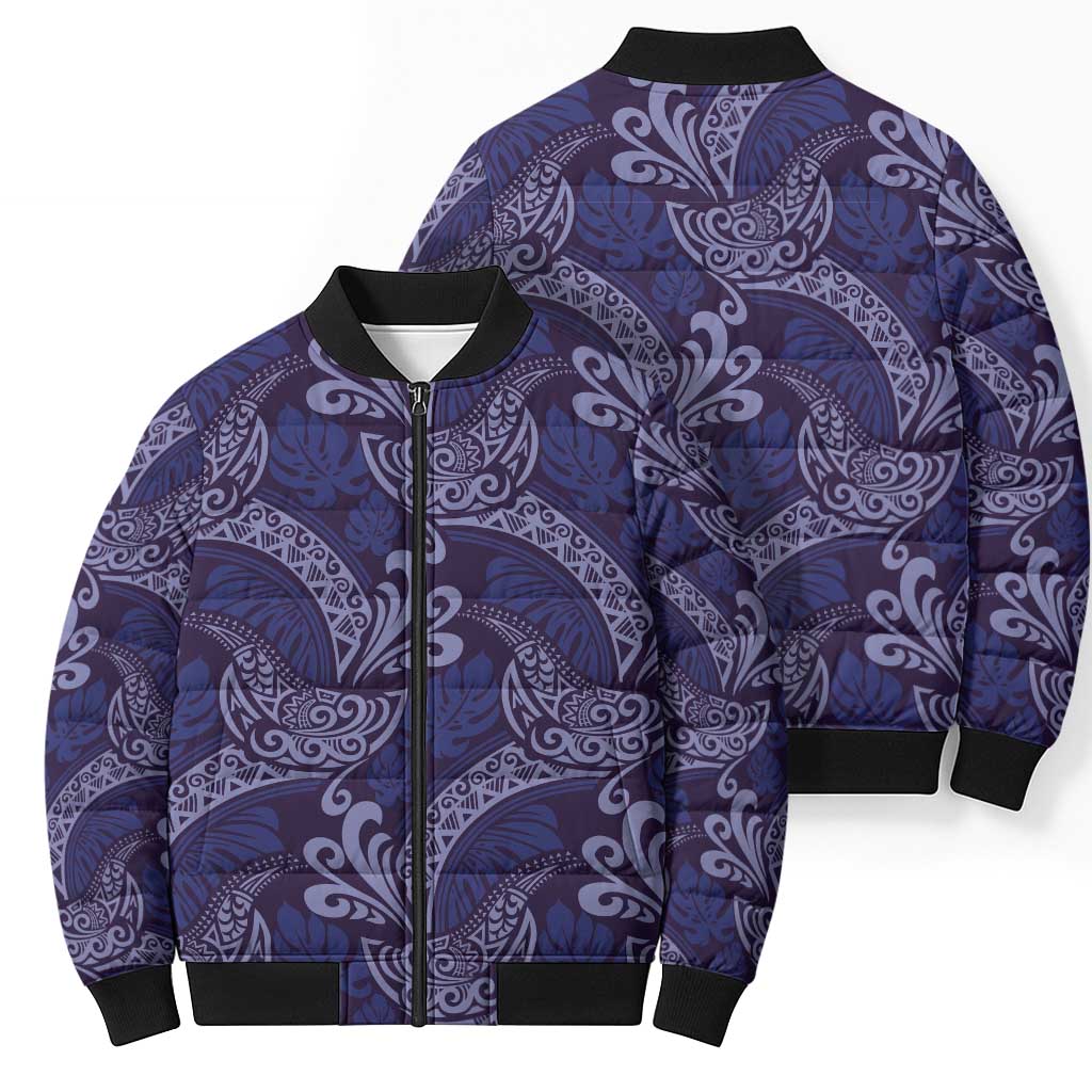 Deep Blue Monstera Bomber Puffer Jacket Polynesian Tribal Pattern LT01 - Polynesian Pride