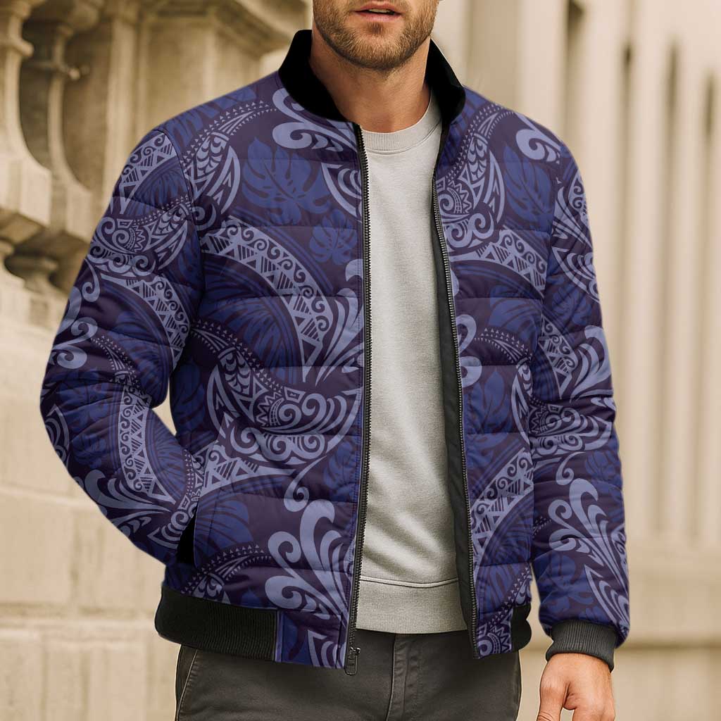 Deep Blue Monstera Bomber Puffer Jacket Polynesian Tribal Pattern LT01 - Polynesian Pride