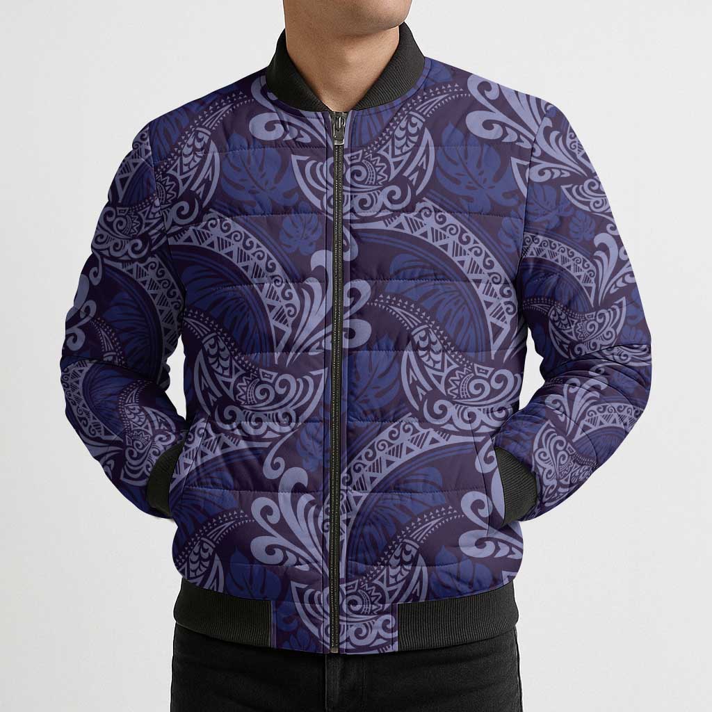 Deep Blue Monstera Bomber Puffer Jacket Polynesian Tribal Pattern LT01 - Polynesian Pride