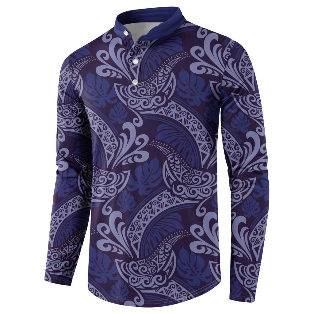 Deep Blue Monstera Button Sweatshirt Polynesian Tribal Pattern LT01 - Polynesian Pride