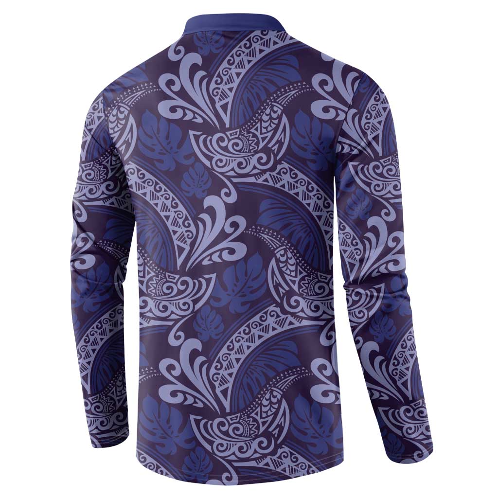 Deep Blue Monstera Button Sweatshirt Polynesian Tribal Pattern LT01 - Polynesian Pride